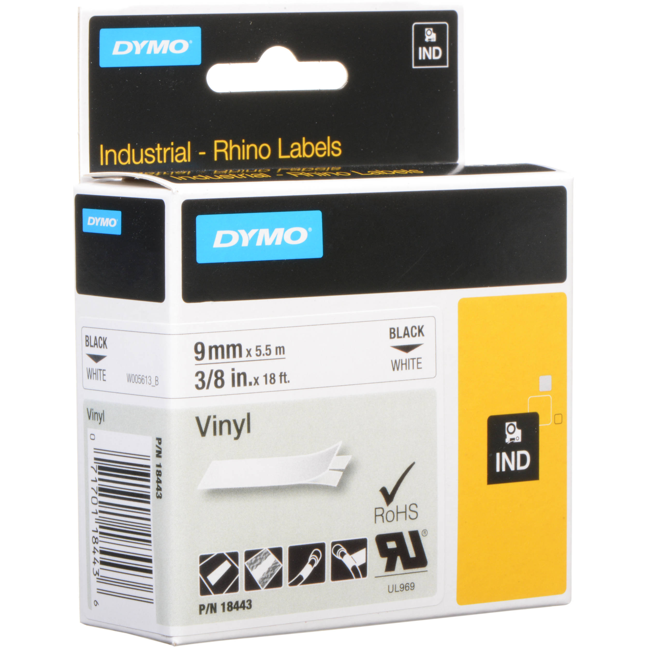 Dymo Rhino 3/8" White Vinyl Labels (Black Print)