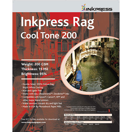 Inkpress Media Picture Rag Cool Tone Paper (2-Sided, 200 gsm) for Inkjet - 44" Wide Roll - 50' Long
