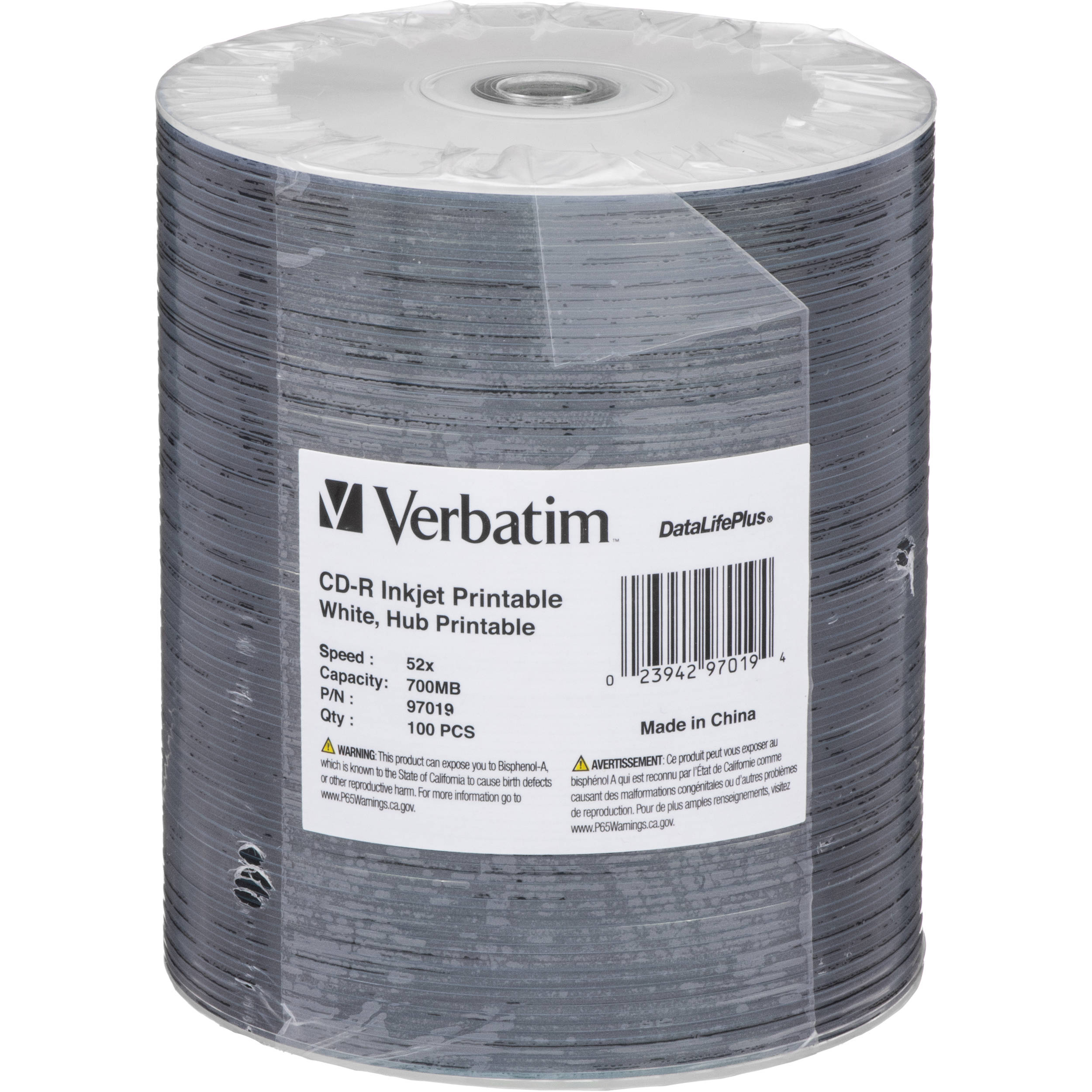 Verbatim CD-R 80 High Speed, Inkjet Hub Printable Compact Disc (Spindle Pack of 100)
